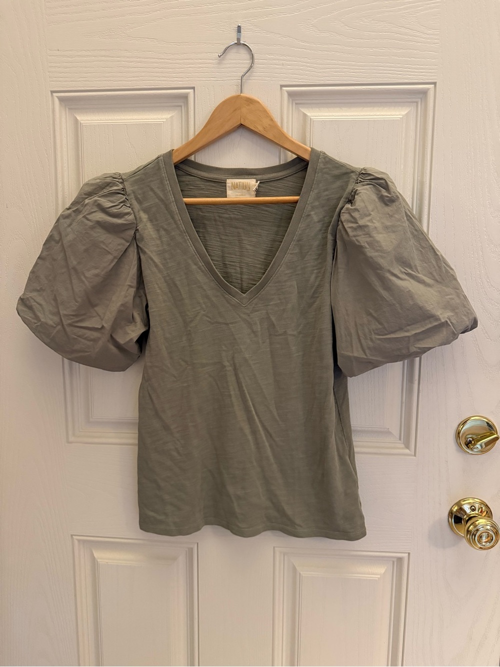 National LTS Puff Sleeve V-Neck Top - Olive Green
